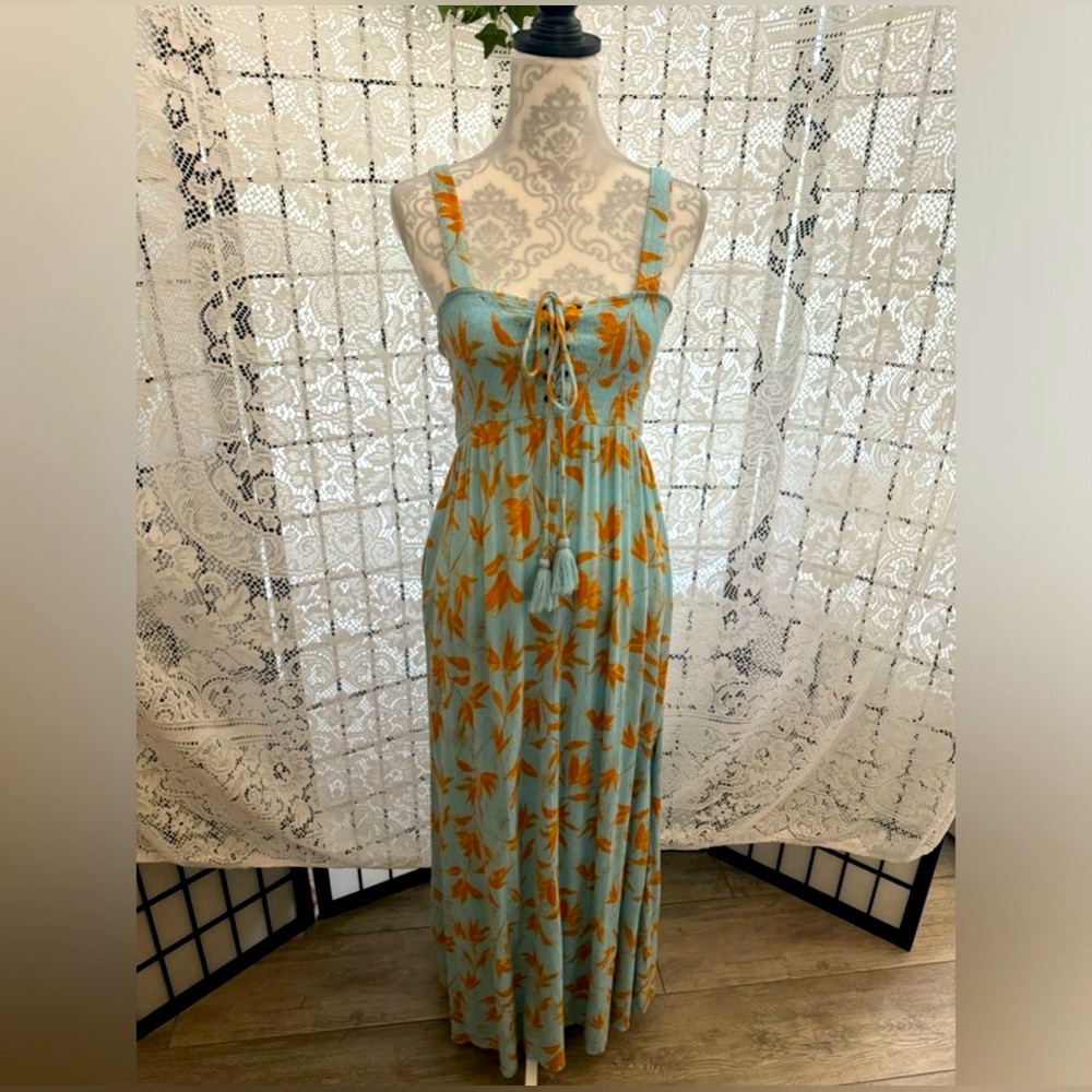 Vintage Forever 21 Spaghetti Strap Smocked Maxi Dress Light Blue Size Small GUC - Picture 2 of 9